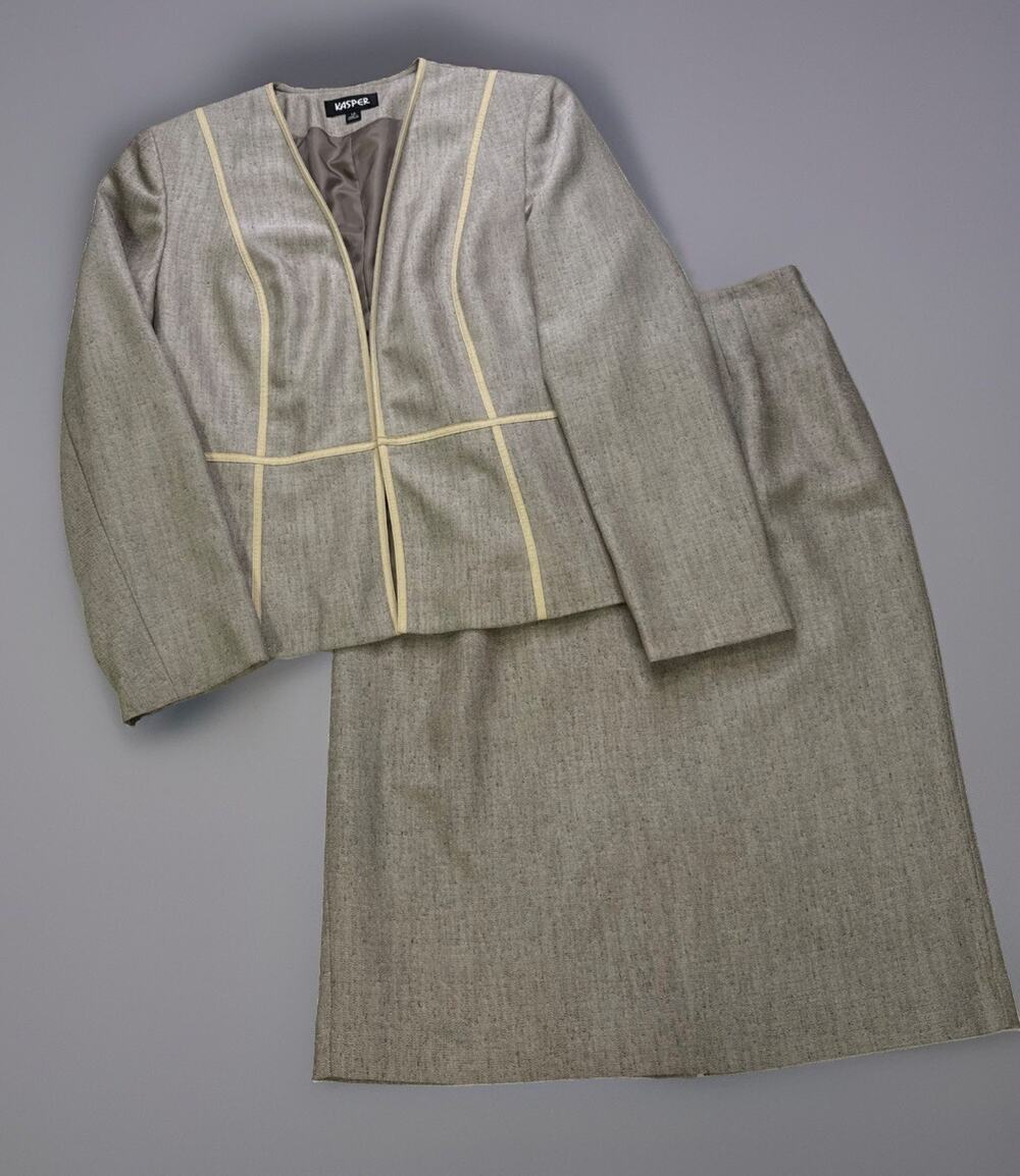 Kasper Women’s 12 Skirt Suit Taupe Beige Contrast Trim Career Business 2 Piece